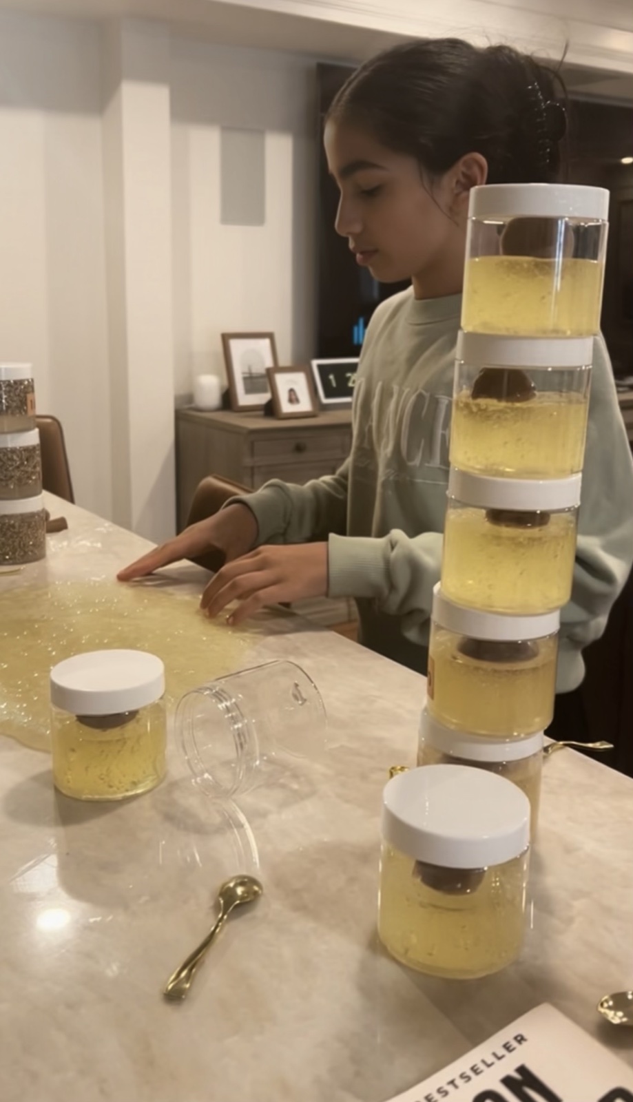 Making a batch of slime at the kitchen counter