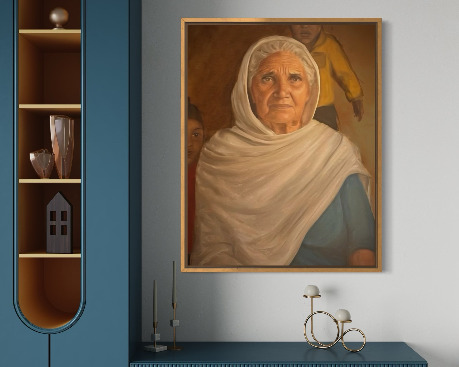 A widow of the fields hung in a real room
